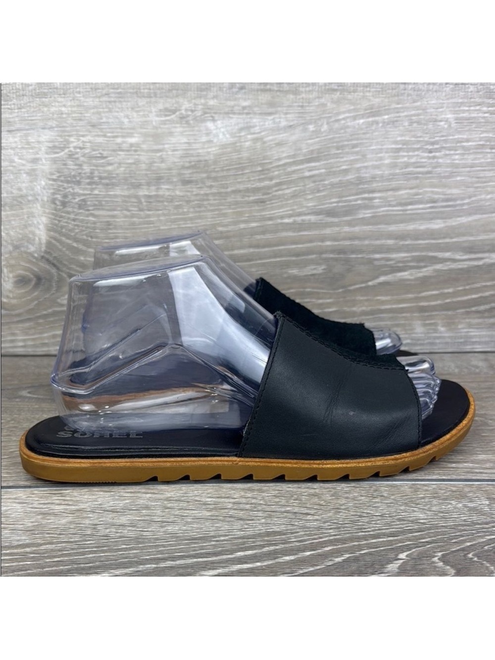Sorel Black Slide Leather Sandals with Tan Sole